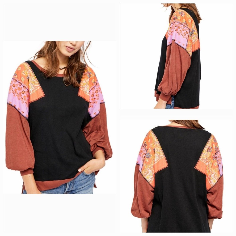 Free People Free  Feeling It Patchwork Embroidered TOP Sz S
